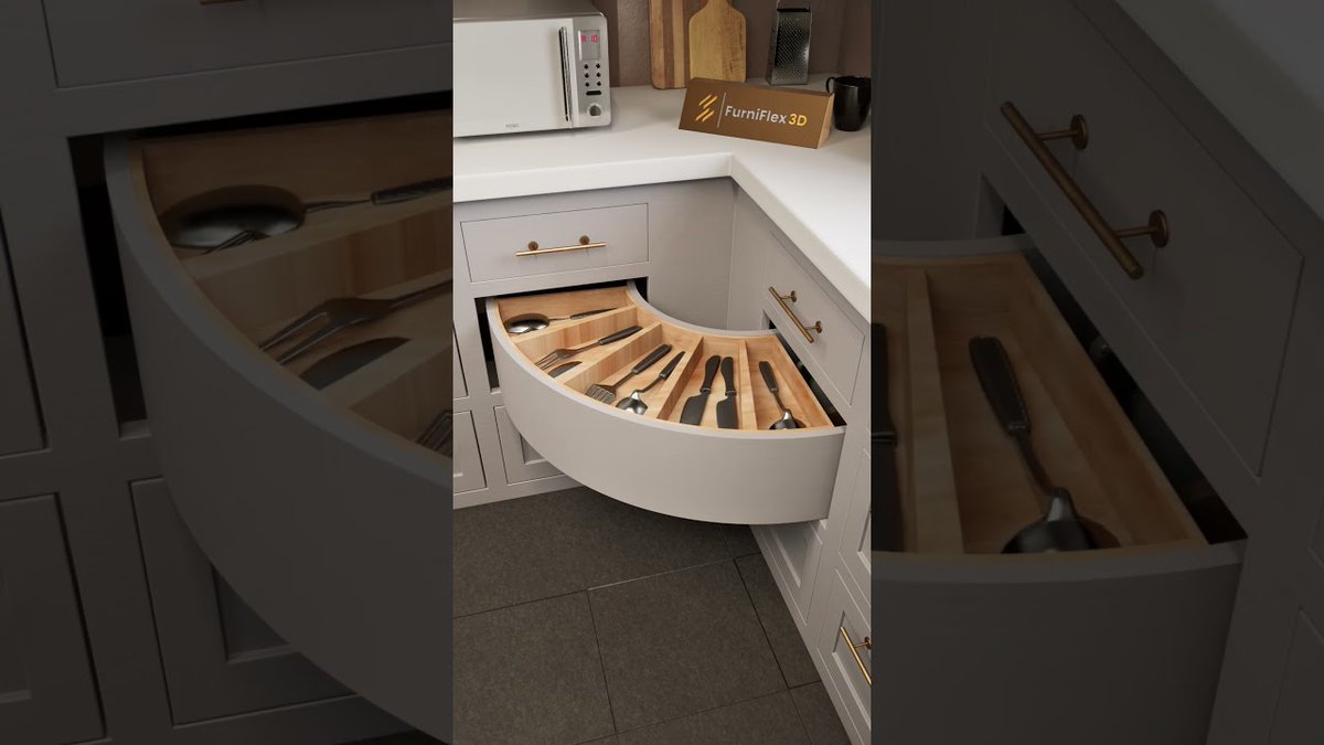 fn_of_x_'s tweet image. Clever space-saving design for #kitchen #CornerCabinets.
Rotating #drawers turn awkward "dead corner" into an easy-access retrieval system.

🎞️: AI-generated/CGI-rendered conceptual animation by @FurniFlex3D 
Actual product: @RiverWoodcraft’s Infinity Corner Cabinet (more below)