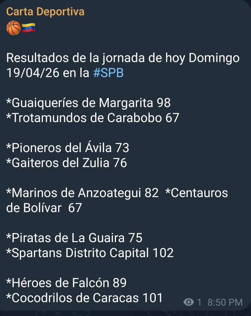 🏀🇻🇪

Resultados de la jornada de hoy Domingo 19/04/26 en la #SPB