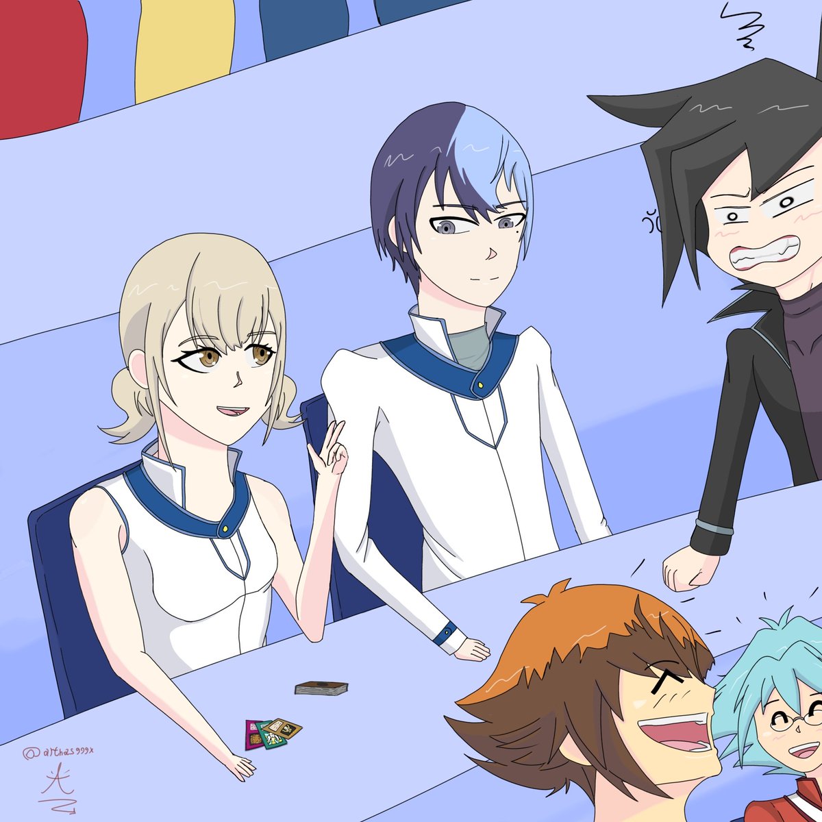 arthas999x's tweet photo. Day 7: AU (yugioh gx)

Toya and kohane are talking abaut tag duel strategies, while Jaiden and the others are having fun of Chazz because he does't have a tag parner to participate.

(☕️X🐹)
#toukohaweek2026 https://t.co/qAOuaHzEoL