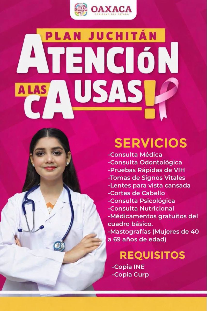 🇲🇽 ATENCIÓN #JUCHITÁN: SERVICIOS DE SALUD GRATUITOS PARA LAS MUJERES

Este lunes 20 de abril, el Gobierno del Estado de Oaxaca, a través del #Plan #Juchitán, acerca a nuestra comunidad la caravana estatal de salud Ve’e tata, con atención médica gratuita y servicios preventivos