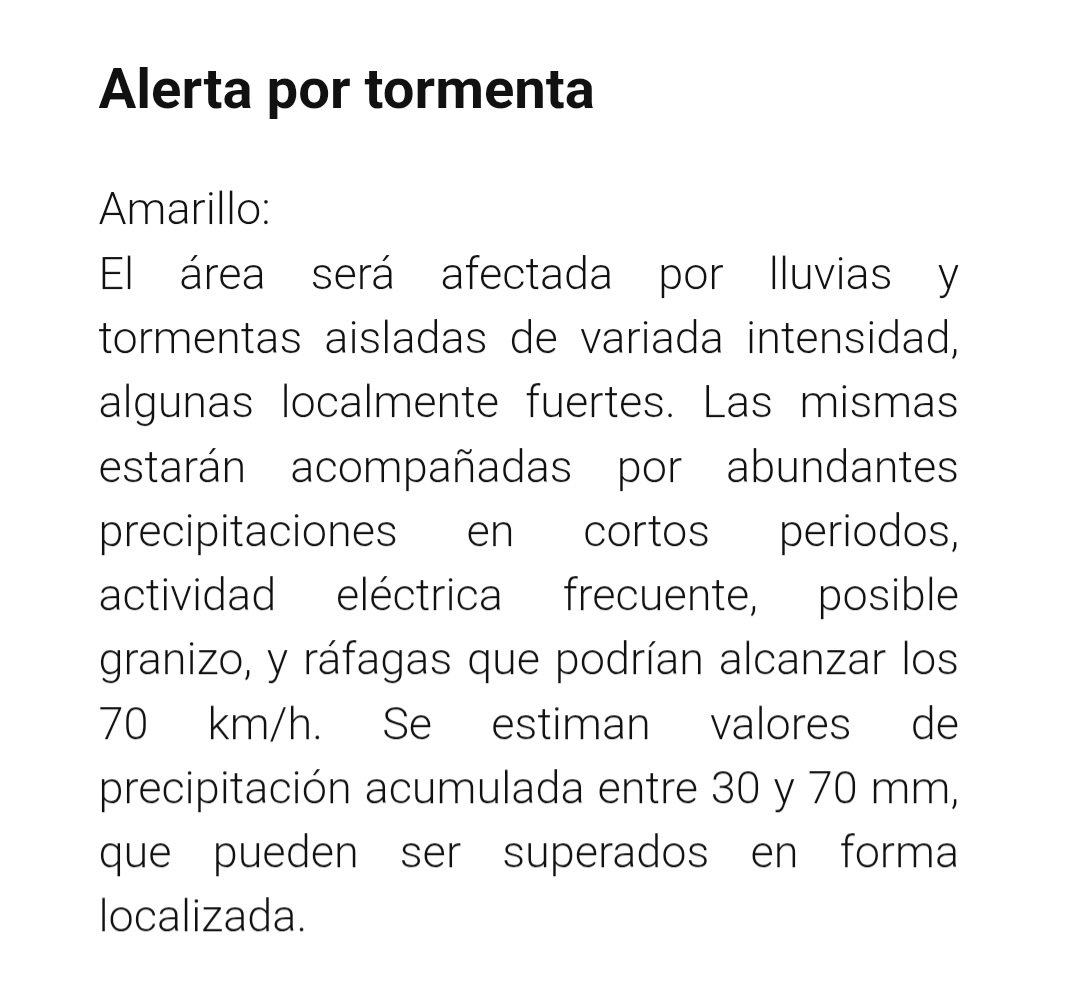 ⚠️Alerta por tormenta nivel amarillo para el día lunes 20 de abril. 

Fuente: #SMN