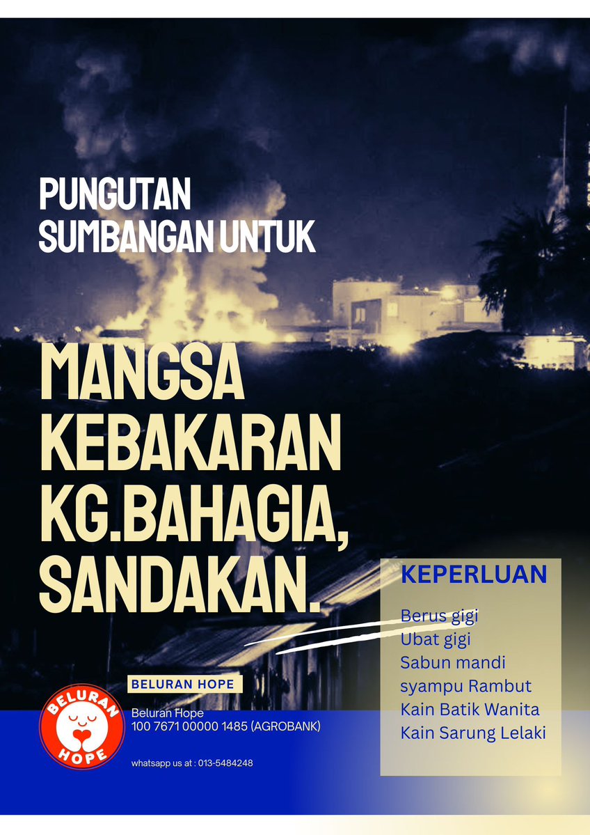Seperti yang anda baca dan ketahui. Kg. Bahagia, Sandakan mengalami musibah kebakaran pagi kelmarin. Hampir 8000 mangsa yang terlibat dan kami Beluran Hope akan bersama-sama bergerak dalam misi memberi bantuan. Kepada yang ingin menyumbang, anda boleh salurkan ke akaun ini. 🙏🙏