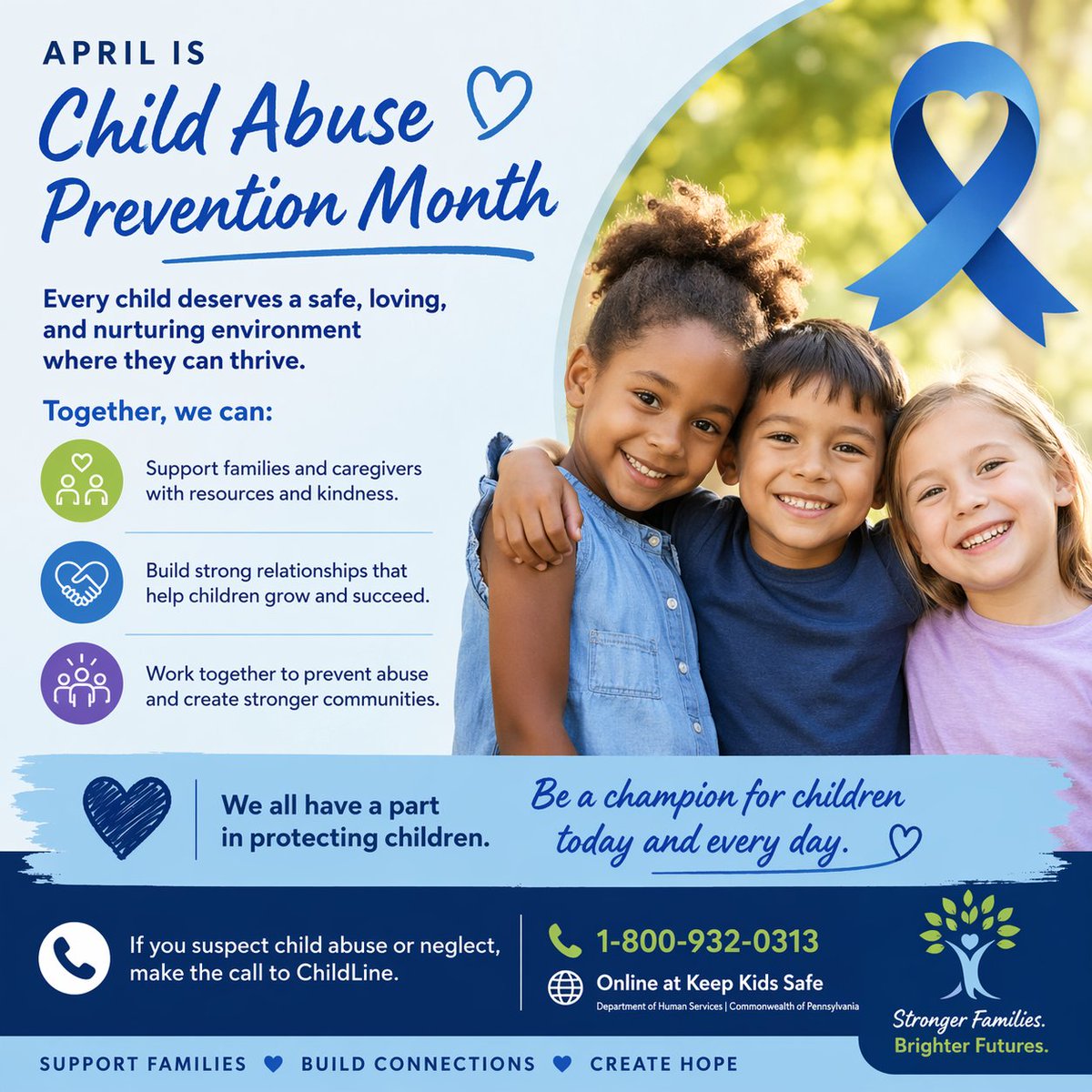 MCHCchesco's tweet image. April is Child Abuse Prevention Month. Protect children by supporting families and building safe, loving communities. Call ChildLine 1 800 932 0313. #ChildAbusePreventionMonth #ProtectChildren #SupportFamilies #ChildWellBeing #HealthyFamilies #StrongerCommunities