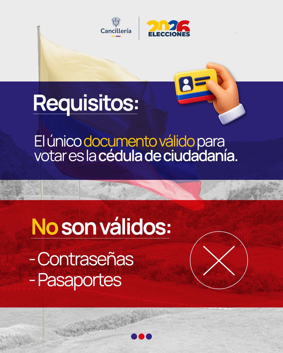 CancilleriaCol's tweet photo. Para votar en las elecciones presidenciales 2026 en el exterior, el único documento válido es tu cédula de ciudadanía. Contraseñas y pasaportes no son válidos.

Vota en tu consulado o sección consular cualquier día del 25 al 31 de mayo, de 8:00 a.m. a 4:00 p.m.

Si vas a votar en los puestos adscritos, la jornada se llevará a cabo el domingo 31 de mayo, de 8:00 a.m. a 4:00 p.m.

#TuVotoCuenta #Elecciones2026