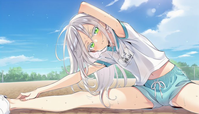 ストレッチをする白と輝星(うちの子) 