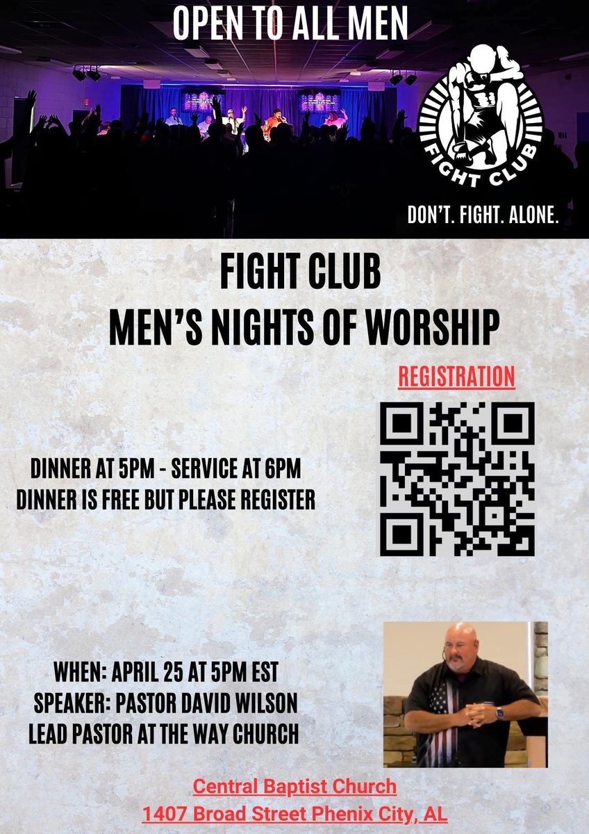 centrallivepc's tweet photo. Men— this Saturday, April 25th — don’t miss it.

Fight Club: Men’s Night of Worship 
Dinner at 5PM | Service at 6PM
Free dinner (just register!)>> https://t.co/Zi3H5LqGeB
Central Baptist Church

Bring a friend and join us! https://t.co/Gn6jE46In5