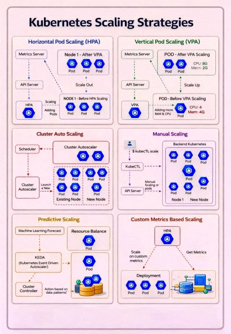 uday_devops's tweet photo. 🚀 Kubernetes Scaling Strategies - Beyond Just “Add More Pods.”

Scaling in Kubernetes isn’t one-size-fits-all. It’s a toolkit of strategies, each solving a different problem depending on workload patterns, resource constraints, and business needs.

Here’s a quick breakdown of the key approaches:

🔹 Horizontal Pod Autoscaling (HPA):
Scale *out* by adding more pods based on metrics like CPU or memory. Ideal for handling traffic spikes and stateless applications.

🔹 Vertical Pod Autoscaling (VPA):
Scale *up* by adjusting CPU and memory for existing pods. Useful when workloads are stable but resource needs are unpredictable.

🔹 Cluster Autoscaling:
Automatically adds or removes nodes based on scheduling demands. Ensures your cluster always has the right capacity—no more, no less.

🔹Manual Scaling:
Still relevant for controlled environments or predictable workloads. Gives full control, but requires active management.

🔹 Predictive Scaling (KEDA, ML-based):
Move from reactive -> proactive. Anticipate demand using historical data and event-driven triggers.

🔹 Custom Metrics Scaling:
Go beyond CPU/memory. Scale based on business metrics like queue length, request rate, or user activity.

Key takeaway:
The real power comes from combining these strategies- not choosing just one. Smart scaling = better performance + optimized cost.

How are you handling scaling in your Kubernetes workloads today? Are you still reactive, or moving toward predictive systems?