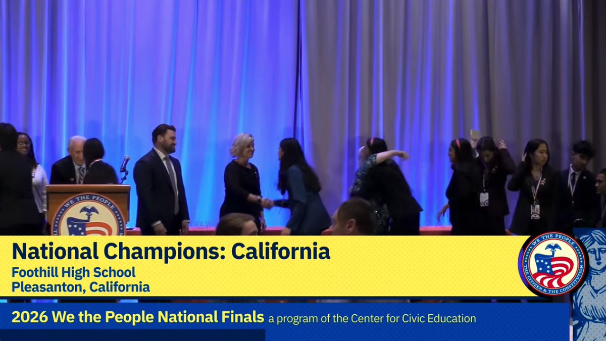 CivicEducation's tweet photo. Foothill High School, California, 2026 We the People National Finals Champions! Congratulations to all competitors. #WTPFinals https://t.co/hZYxJa4Krf