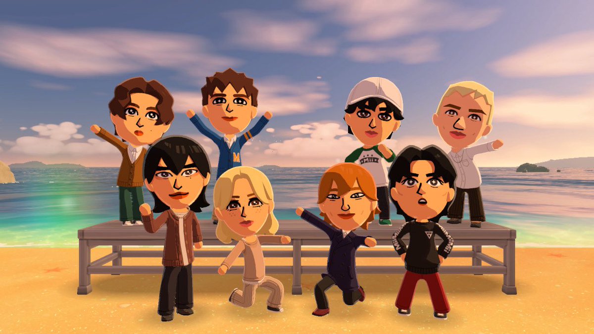 a thread of random screenshots of my skz miis in tomodachi life 🌴🩷