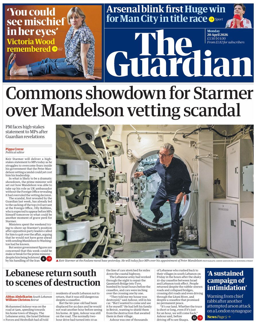 ModernNavy's tweet image. Royal Navy images make several of the Monday papers' front pages, as Prime Minister Keir Starmer welcomes back the crew of HMS VANGUARD following their record 205 day patrol and seeks to dampen down the Mandelson affair @Number10press @DefenceHQ @ModernNavy @RoyalNavy #Defence