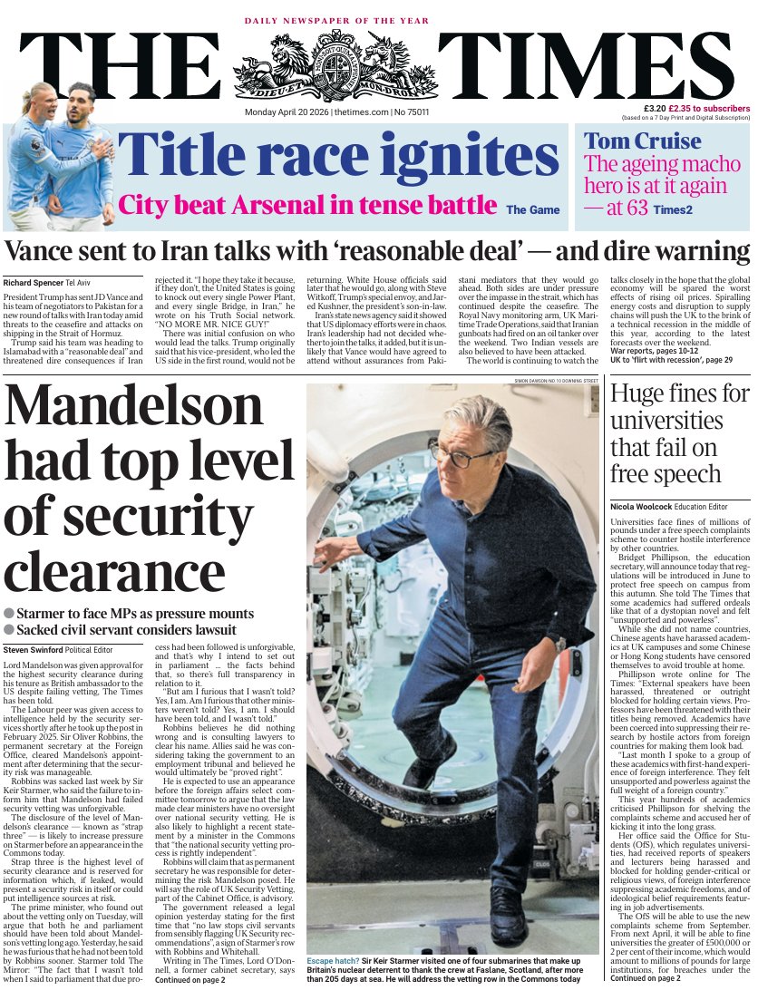 ModernNavy's tweet image. Royal Navy images make several of the Monday papers' front pages, as Prime Minister Keir Starmer welcomes back the crew of HMS VANGUARD following their record 205 day patrol and seeks to dampen down the Mandelson affair @Number10press @DefenceHQ @ModernNavy @RoyalNavy #Defence