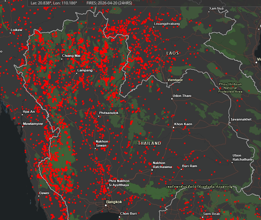 HelmutDuerrast's tweet image. 20 Apr 26
#FIRES  in #Thailand over last 24 hours (!) and last 7 days (!) as main source of #PM25 #AirPollution outside bigger cities #Bangkok via firms.modaps.eosdis.nasa.gov

&amp;gt;Green=protected areas
&amp;gt;ALL FIRES are man-made
&amp;gt;With CLOUDS less detection
&amp;gt;A Land on 🔥🔥🔥
&amp;gt;NE got RAIN