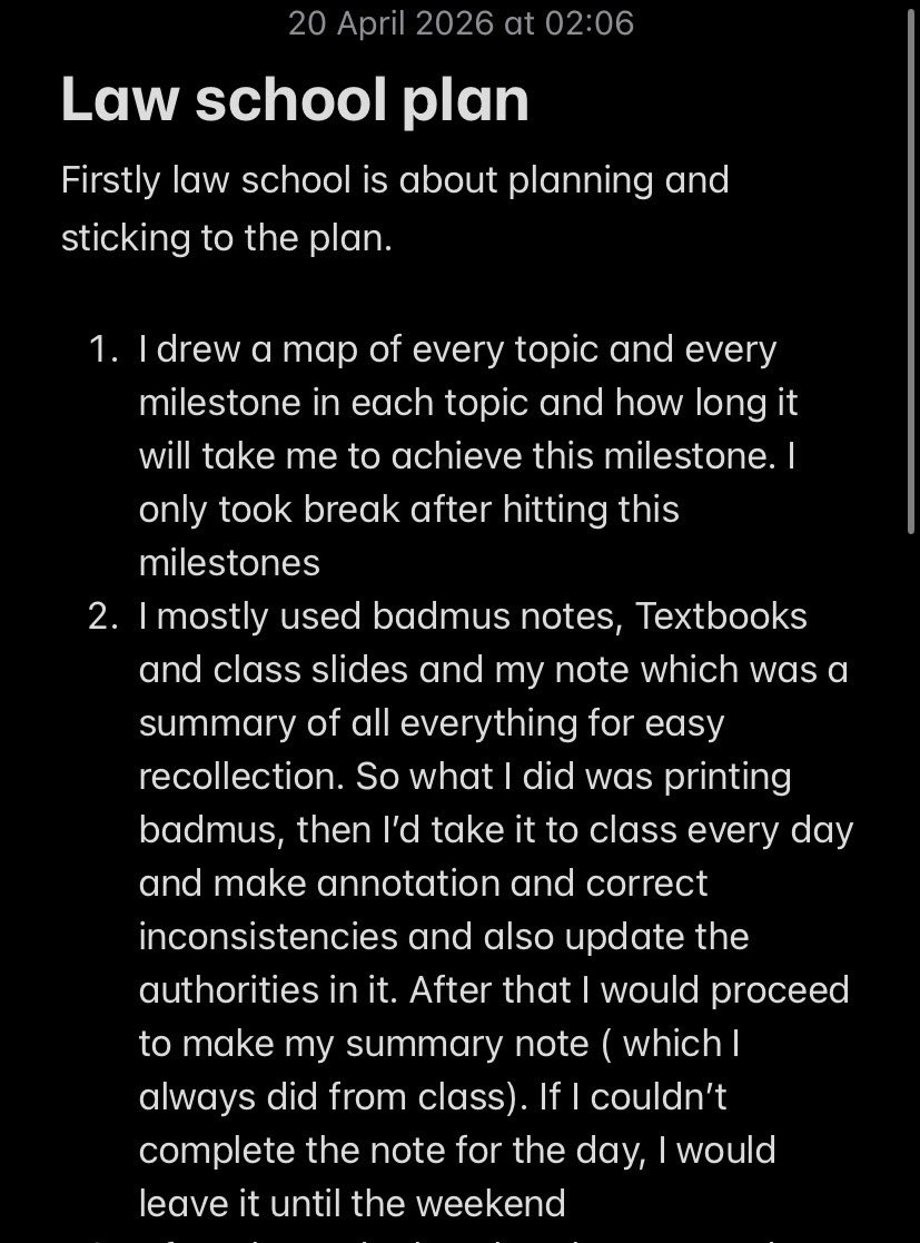 iamolafoto's tweet photo. I have received requests from a lot of  bar aspirants for tips about on how to make a first class from law school. Here are some of the things I did to make that grade. Hopefully it works for you all and Insha Allah we meet at the bar next year. https://t.co/TqAjuFwlwg