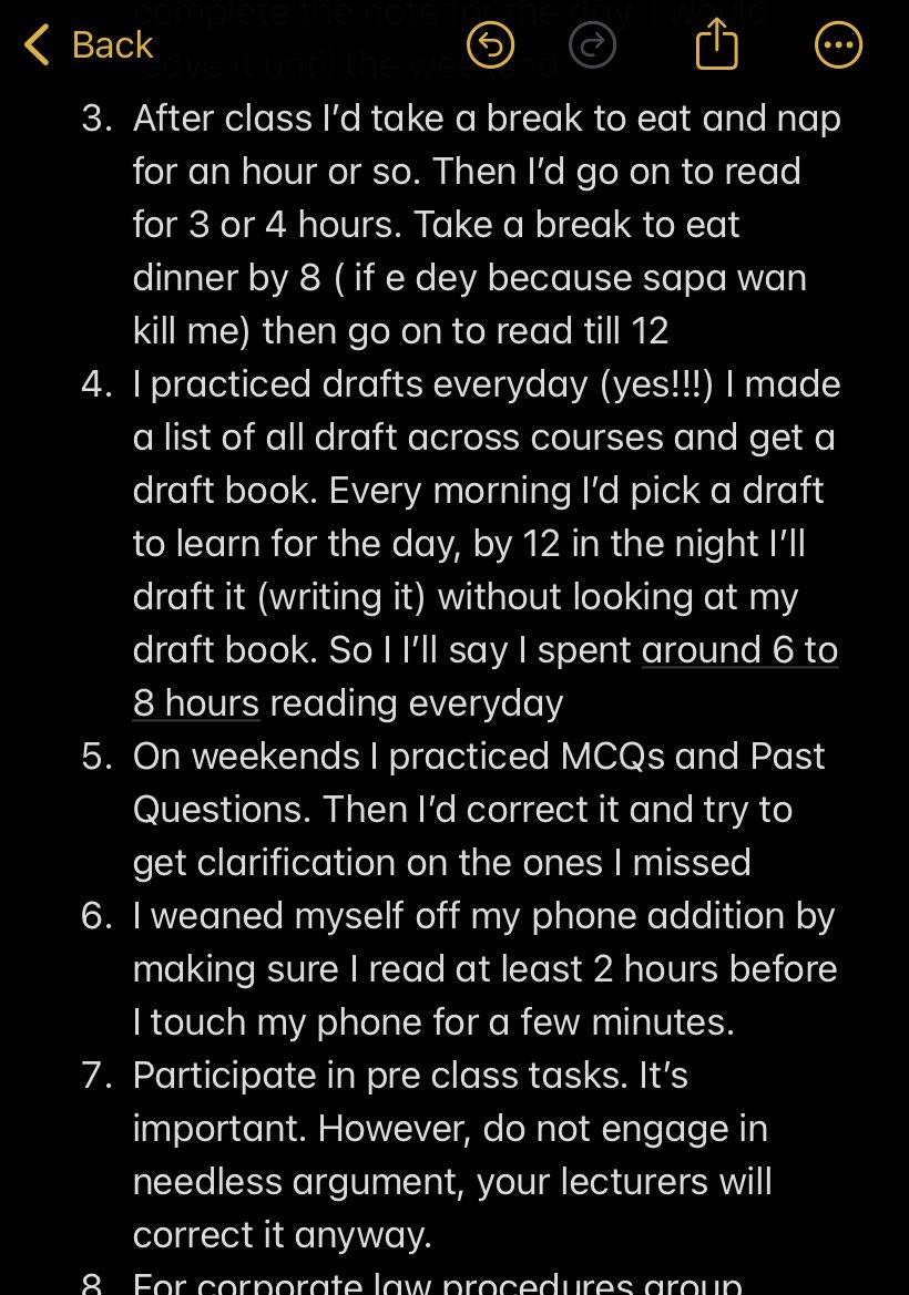 iamolafoto's tweet photo. I have received requests from a lot of  bar aspirants for tips about on how to make a first class from law school. Here are some of the things I did to make that grade. Hopefully it works for you all and Insha Allah we meet at the bar next year. https://t.co/TqAjuFwlwg