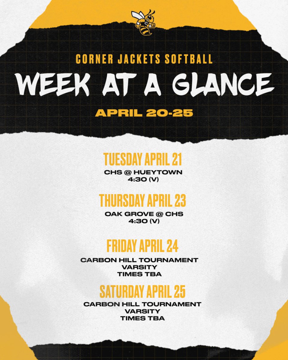 CHSsoftbal's tweet image. WEEK AT A GLANCE 🖤💛

Another big week ahead for the Jackets!

We hit the road Tuesday, return home Thursday, and then head into the weekend for tournament play. 💪

Let’s go Jackets!! 🔥

#OwnIt