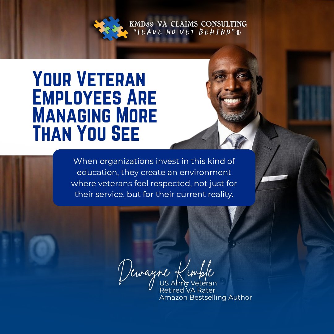 Behind the scenes, many veteran employees are handling VA claims, often without fully understanding the process.

Providing education gives veterans the clarity they need to understand how the system works.

Book a veteran education session:
👉 dewaynekimble.com