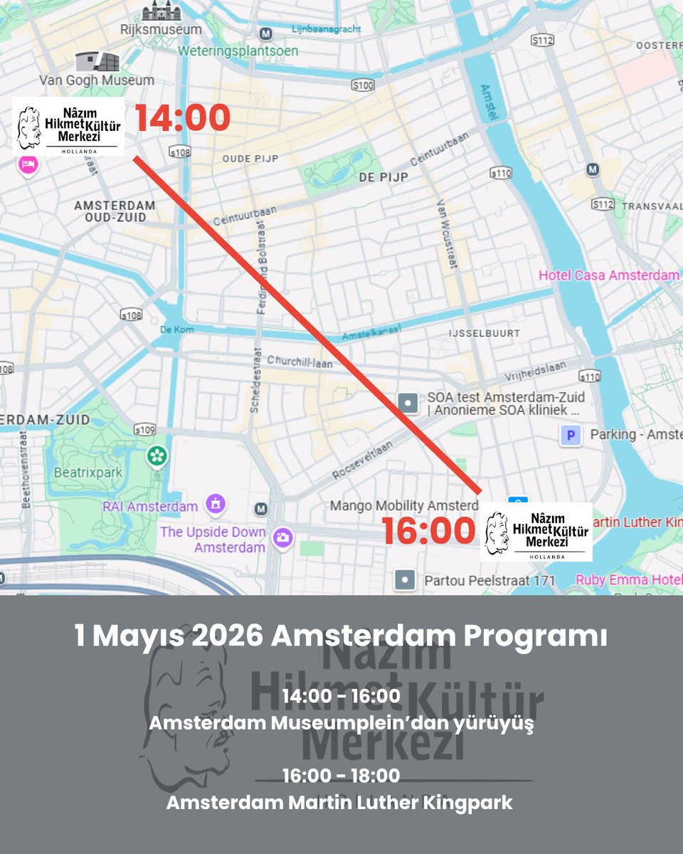 NHKMNederland's tweet photo. Yok edelim insanın insana kulluğunu!

Bu davet bizim!

📣✊ Birlik, Mücadele ve Dayanışma Günü olan 1 Mayıs’ı Amsterdam’da hep birlikte kutluyoruz!

📍 Yer: Museumplein, Van Gogh Müzesi önü – Amsterdam
🕐 Saat: 13:30

Gelin, birlikte haykıralım:
Yaşasın 1 Mayıs! https://t.co/DRPgdZqa6T