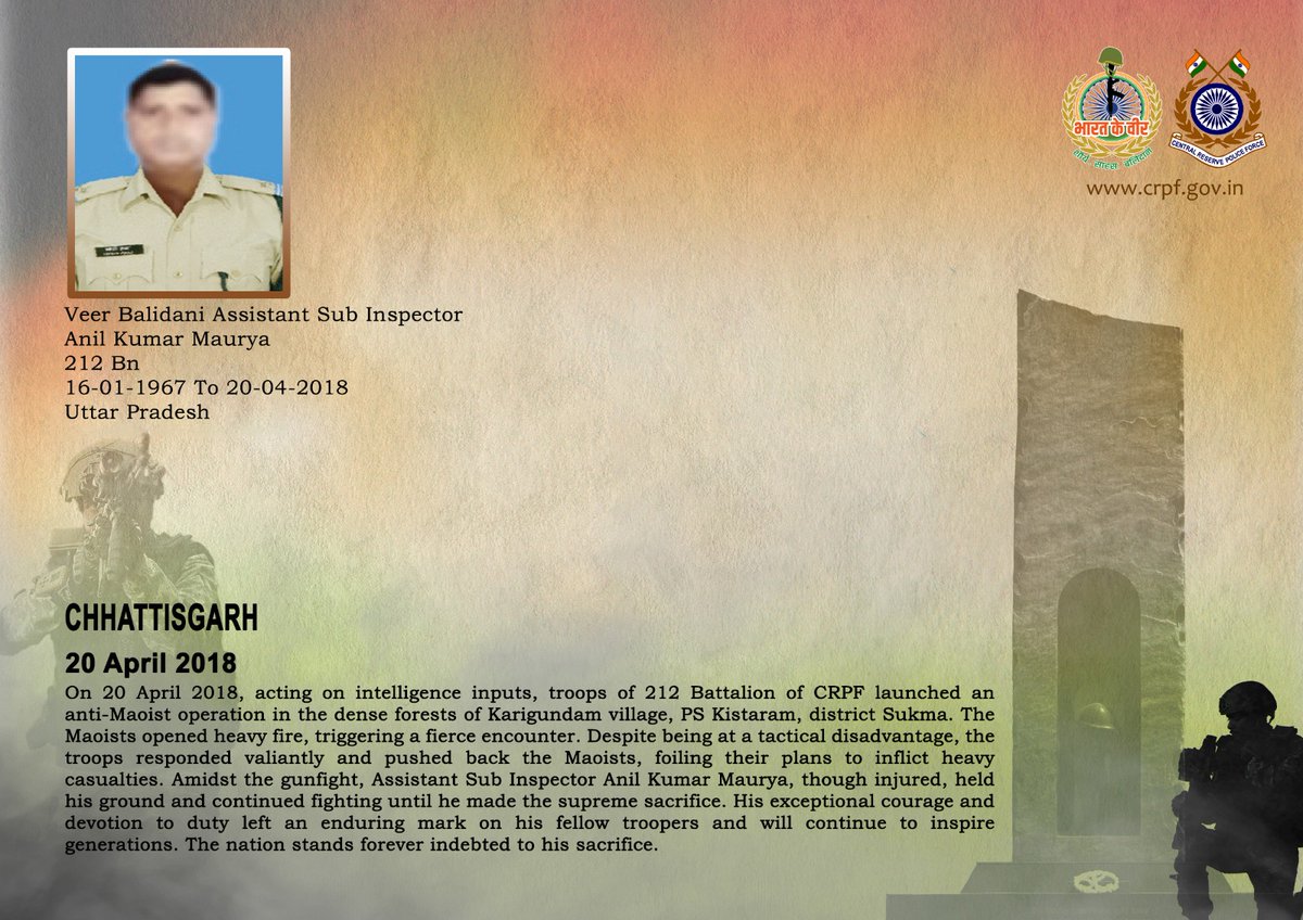 crpfindia's tweet image. DG and all Ranks of #CRPF pay solemn tribute to ASI/GD Anil Kumar Maurya of 212 Bn, who made the supreme sacrifice after being seriously injured in a fierce encounter with Maoists in Karigundam, Sukma, Chhattisgarh on 20 April 2018. #CRPF salutes the braveheart and pledges never