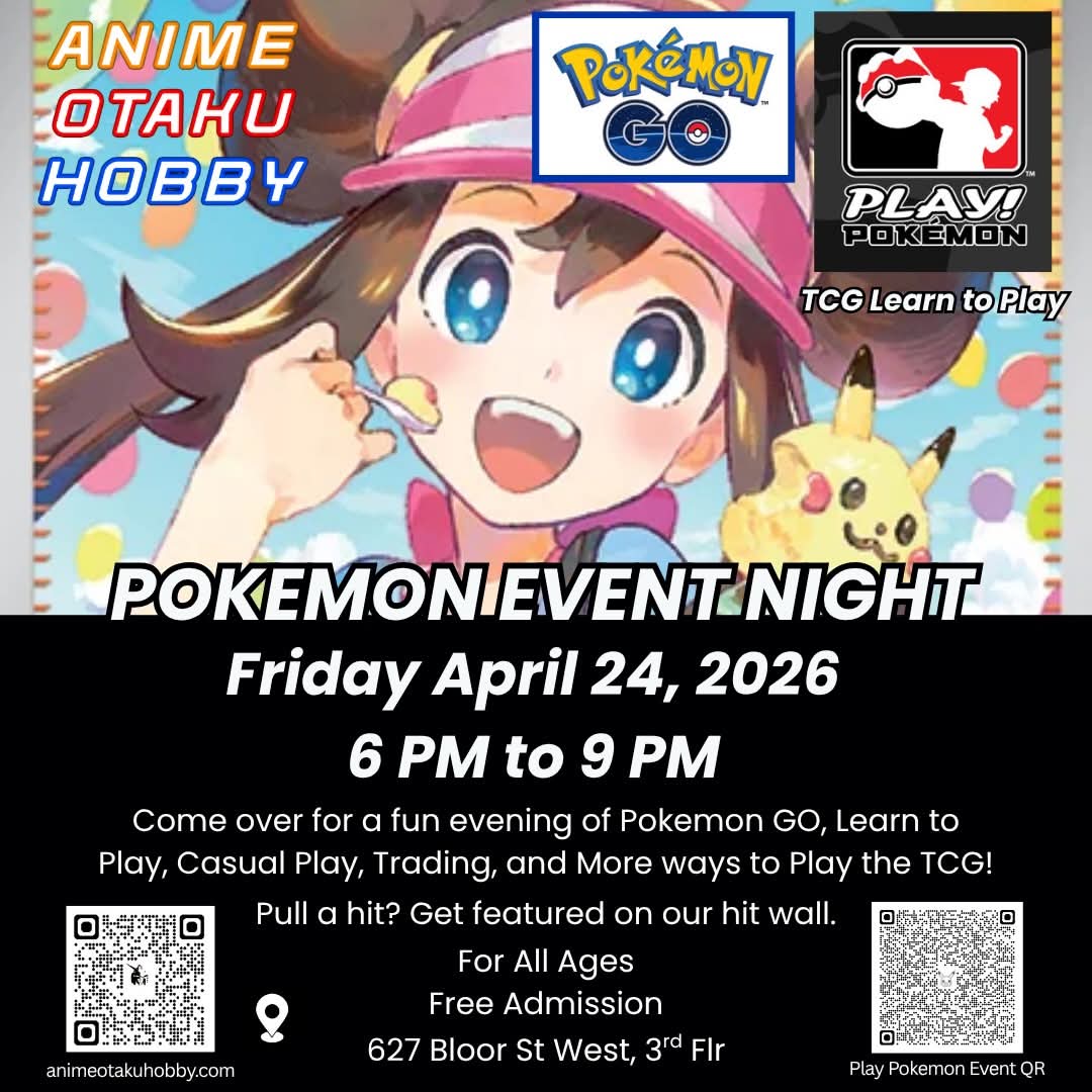 jen3kidneys's tweet photo. Pokemon Trade Night: 
April 24 
6PM - 9PM
627 Bloor St West, Toronto
Anime Otaku Hobby
Learn to Play, 
Casual Play, 
Trading, along with some other fun activities. 
FREE  for all Ages 
Pokemon GO: Come meet up with fellow Trainers to Raid the Local Gyms. https://t.co/Vof1jniUuV