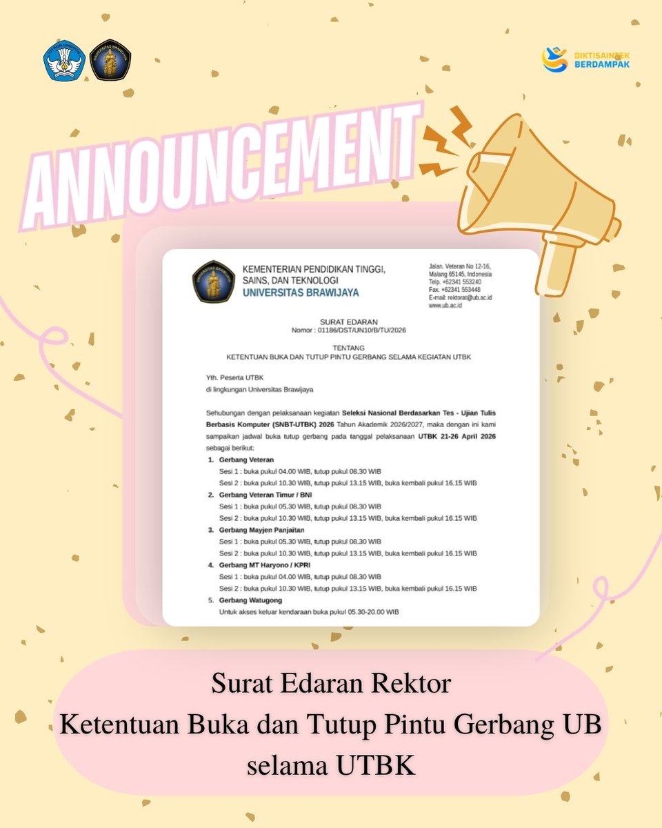 FIBUB_OFFICIAL's tweet image. [Buka Tutup Gerbang Kampus Selama UTBK]

Salam Budaya!

Hai #FIBers

Selama pelaksanaan UTBK pada 21-26 April 2026, Universitas Brawijaya memberlakukan penyesuaian jadwal buka tutup gerbang kampus.

Aturan ini berlaku untuk Gerbang Veteran, Veteran Timur, Mayjen Panjaitan,