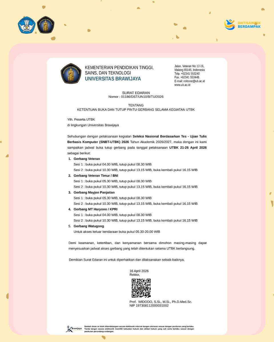FIBUB_OFFICIAL's tweet image. [Buka Tutup Gerbang Kampus Selama UTBK]

Salam Budaya!

Hai #FIBers

Selama pelaksanaan UTBK pada 21-26 April 2026, Universitas Brawijaya memberlakukan penyesuaian jadwal buka tutup gerbang kampus.

Aturan ini berlaku untuk Gerbang Veteran, Veteran Timur, Mayjen Panjaitan,