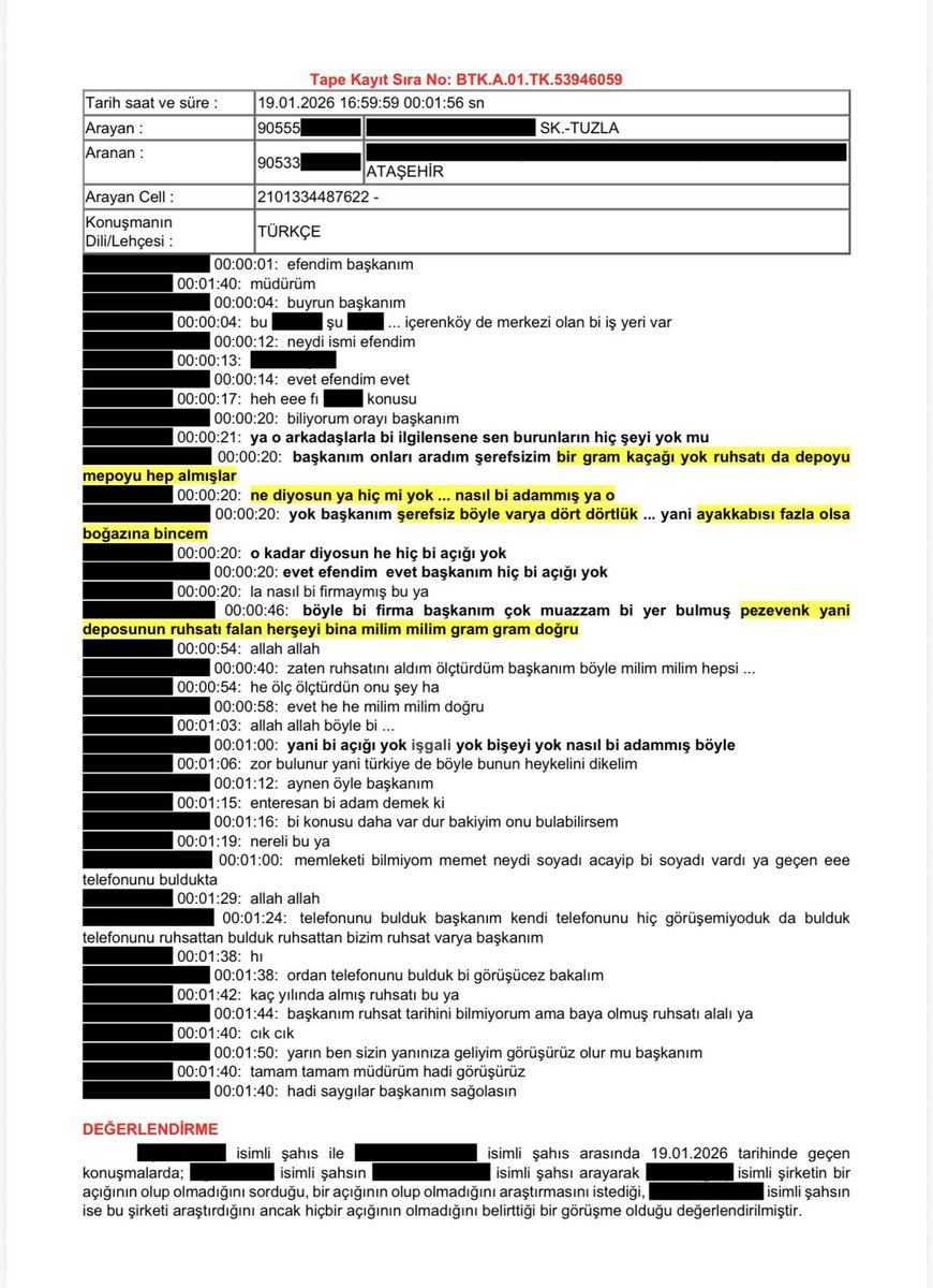 İstanbul Anadolu Cumhuriyet Başsavcılığı'nın Ataşehir Belediyesi'ne yönelik yürüttüğü yolsuzluk ve rüşvet operasyonunda Ataşehir Belediye Başkan Yardımcısı ile Zabıta Müdürü arasında geçen telefon görüşmesi dosyaya girdi:

Zabıta müdürü: buyrun başkanım

Belediye başkan