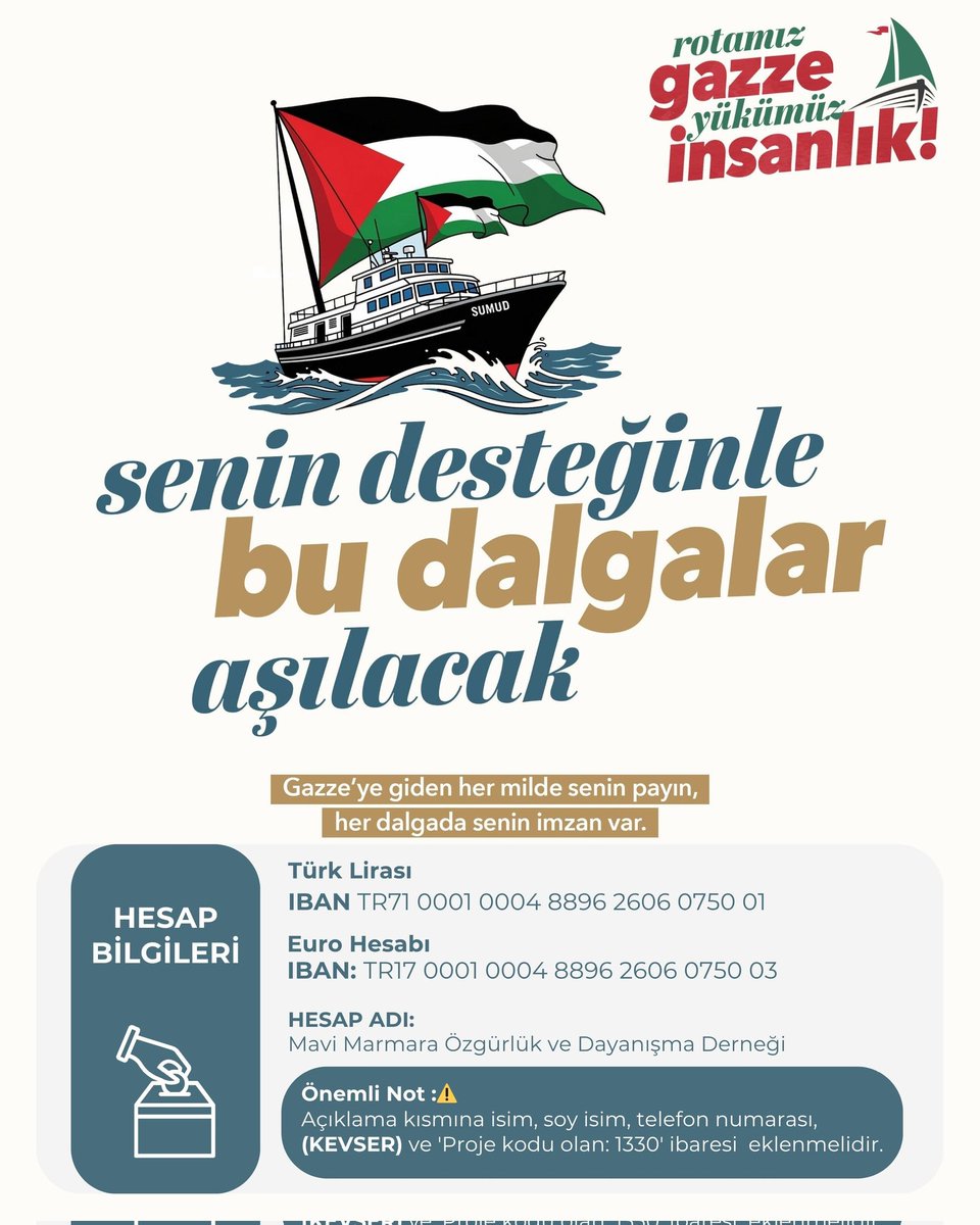Muhterem Kardeşlerim,
Gazze’ye ulaşmayı hedefleyen Sumud filosuna katılacak geminize vermiş olduğunuz destek dolayı Allah sizlerden ebediyen razı olsun. 

Eğer desteğe niyetlenip de bu fırsata erişemeyen kardeşlerimiz varsa, onlara da katılım kapısı hâlâ açıktır. Fırsat devam