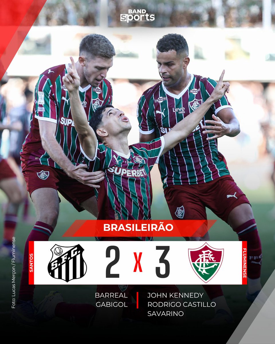 bandsports's tweet image. DE VIRADA É MAIS GOSTOSO 🇭🇺🔥 O Fluminense venceu o Santos dentro da Vila Belmiro e garantiu os 3 pontos na busca pela liderança do Brasileirão. O Tricolor conseguiu o gol da virada aos 40 do segundo tempo, com John Kennedy. Candidato ao título?

#BandSports #Fluminense #SantosFC
