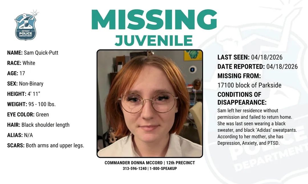 KatKatButterfly's tweet image. #MISSINGTEEN 17-year-old #SamQuickPutt has been #missing from Detroit, Michigan since 4/18/26. According to the Detroit PD, Sam left from a residence in the 17100 block of Parkside &amp;amp; has not returned.

According to Sam’s mother, Sam has depression, anxiety, &amp;amp; PTSD. 

#MissingGirl