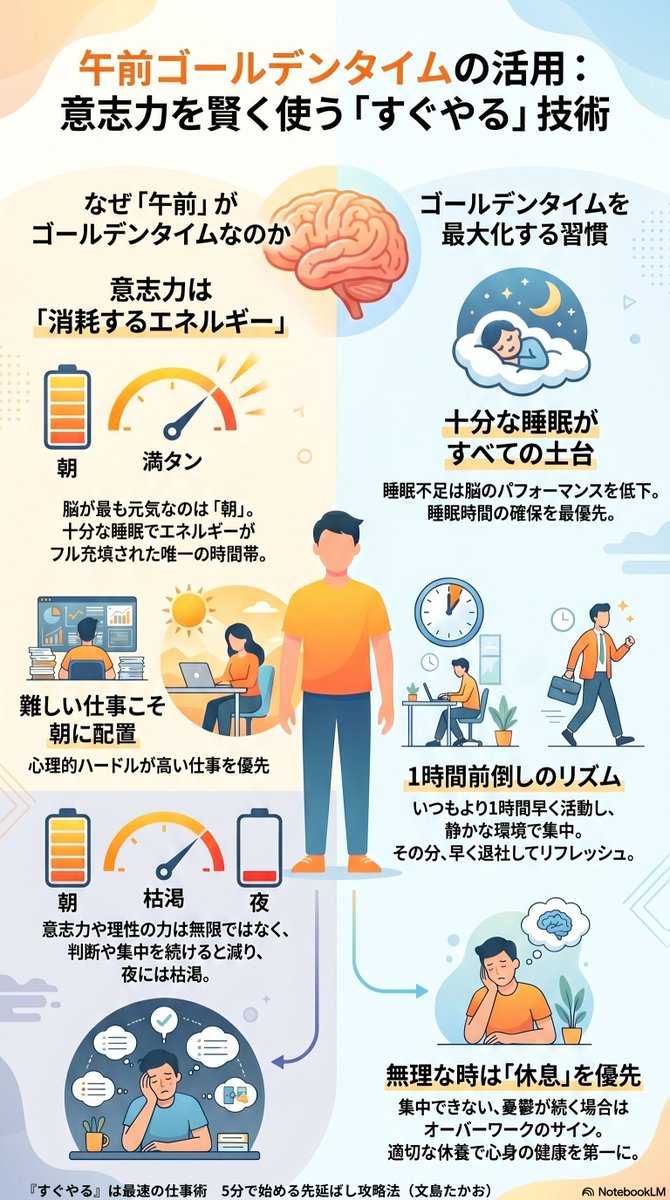 「午前中」は「難しい仕事」に手をつけるチャンス！

難しいこと、
気の進まないこと、
面倒なことに対応するためには、
心身ともにエネルギーが必要です。

睡眠で頭がスッキリし、
疲れも溜まっていない午前中こそ、
難しい仕事に手をつける絶好のチャンスです。