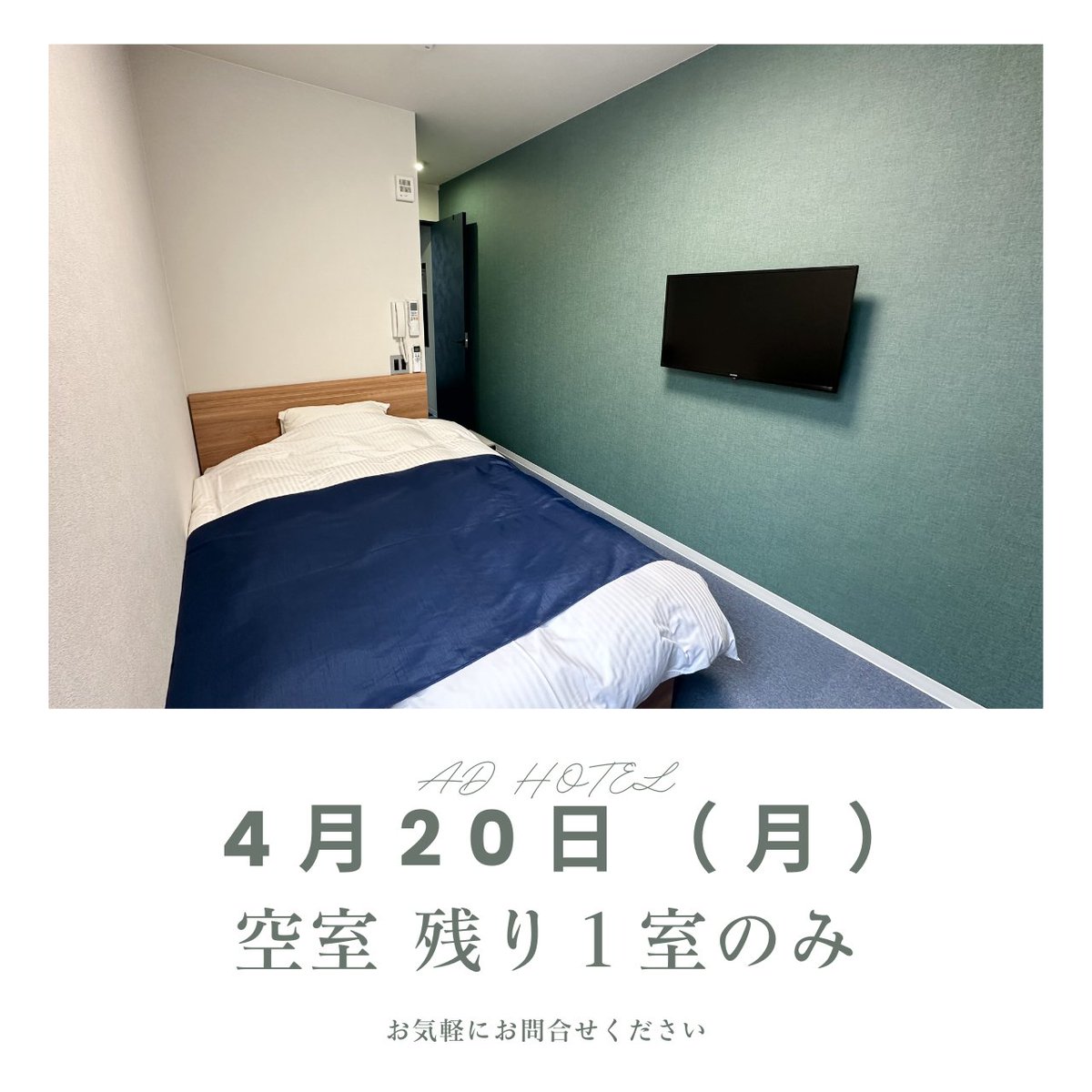 AD HOTEL（アディホテル）です🐈

本日の空室は
残り１室となっております！

お早めにご予約ください🙇‍♀️

お気軽にお問合せください📞