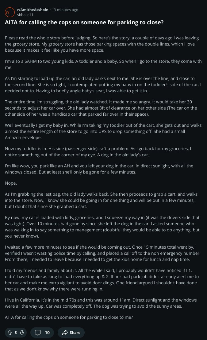 AmITheAssholeX's tweet image. AITA for calling the cops on someone for parking to close?

 #aitah #amitheasshole #advice