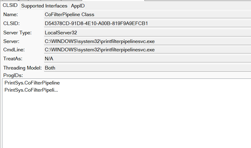 haider_kabibo's tweet photo. Another COM object for RedSun can be used to execute commands through arbitrary file write.
Most COM objects that have executables as servers run as the interactive user. 
This means that if another COM object is used in RedSun, the shell you get will run as the low-privilege user who starts the exploit. 
The Storage Tiers Management Engine COM server is used in RedSun. As far as I found, it is the only COM object that runs as SYSTEM. Using it is very clever, but I think most SOCs already use it as IOC.
However, I found another COM object that can be used with RedSun. It does not give SYSTEM, but it gives LOCAL SERVICE. From there, you can move to SYSTEM by abusing SeImpersonatePrivilege.
The COM CLSID is: d54378cd-91d8-4e10-a00b-819f9a9efcb1, and the executable name is printfilterpipelinesvc.exe.
But it needs some tricks to make it work.
I will try to write a blog post soon when I will be free with all the details. For now, just keep this in mind.