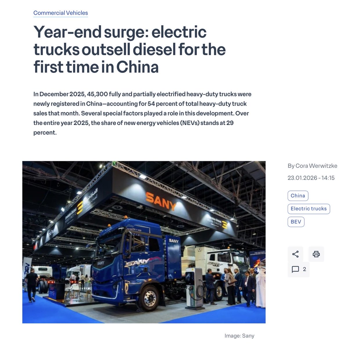 LyrebirdDream's tweet image. Something else to make Matt Canavan hysterical.

In December 2025, more than half of new heavy duty truck sales in China were electric.👇🏽

electrive.com/2026/01/23/yea…