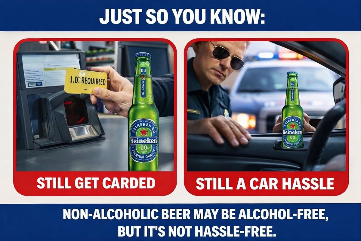 chybrown's tweet photo. Just so you know:

Non-alcoholic beer can still get you carded at the store because it’s packaged and sold like beer, and the register or store policy may treat it the same way at checkout.

And in California, even though a true 0.0 beer generally doesn’t fall under the usual open-container alcohol threshold, an open bottle in your car can still draw attention because it looks like regular beer

 Moral: non-alcoholic beer can still bring regular-beer problems.

#JustSoYouKnow #NonAlcoholicBeer #StayInformed
#EverydayKnowledge #HassleFreeOrNot