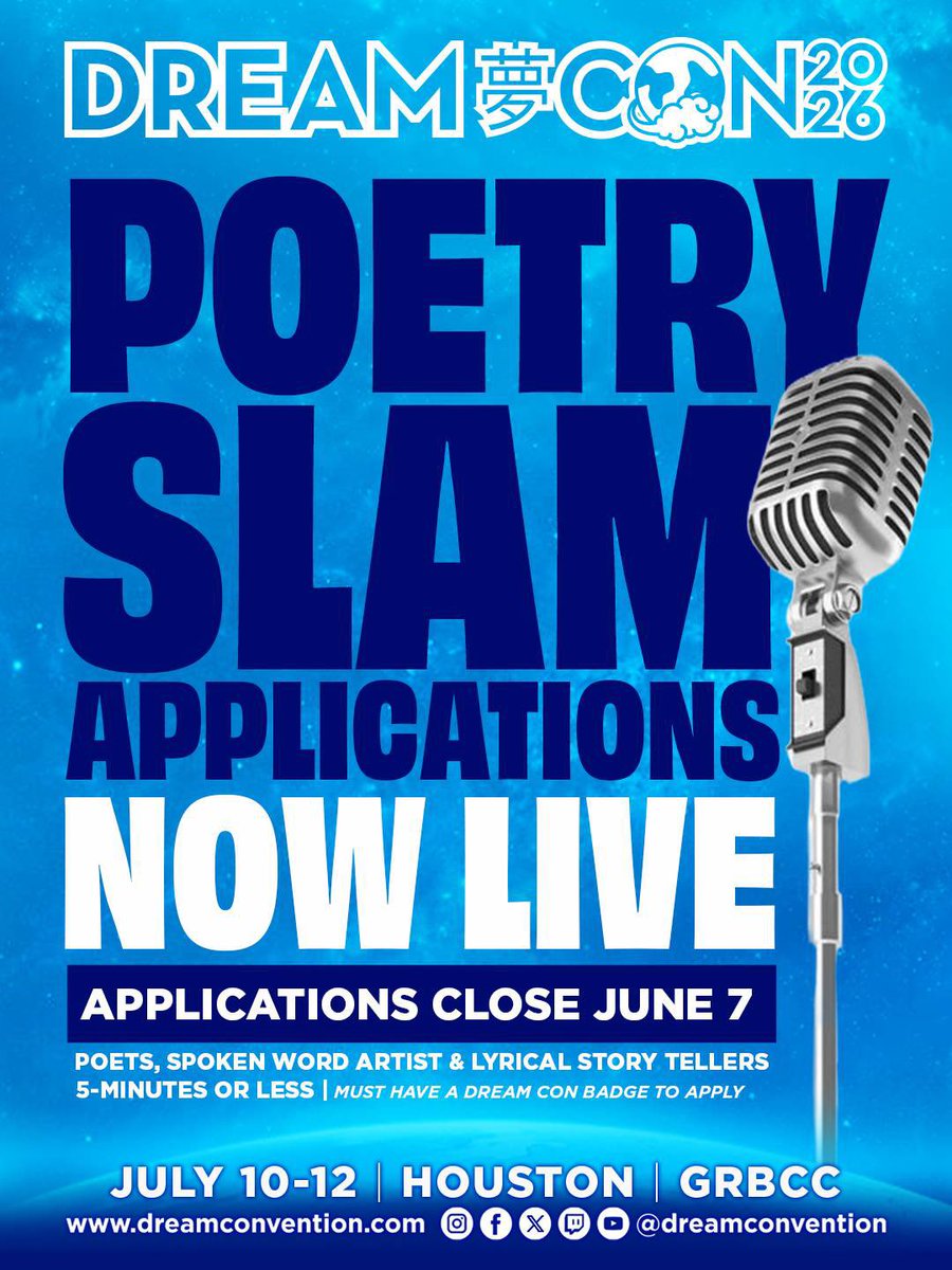 Calling all poets, spoken word artists, &amp; lyrical storytellers! 

Whether you have performed before or just need a Houston stop on your poetic tour, this year at Dream Con, we need you to command the stage, spark emotion, &amp; show out! 

dreamconvention.com/poetry-slam

#DreamCon