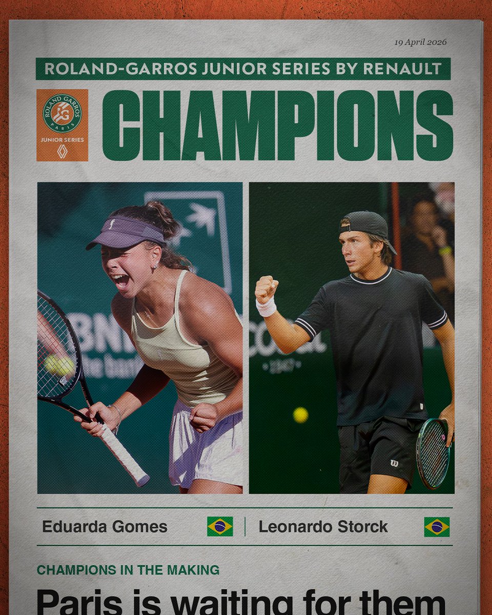 Expect the unexpected. 🧡🔝

✨ Eduarda Gomes: 13 years old and already taking over the court.

🔥 Leonardo Storck: From a group stage exit last year to the champion in 2026.

Next stop… Paris! 🎾🇫🇷
Drop a 👏 for our new champions!

#RGBrazil
