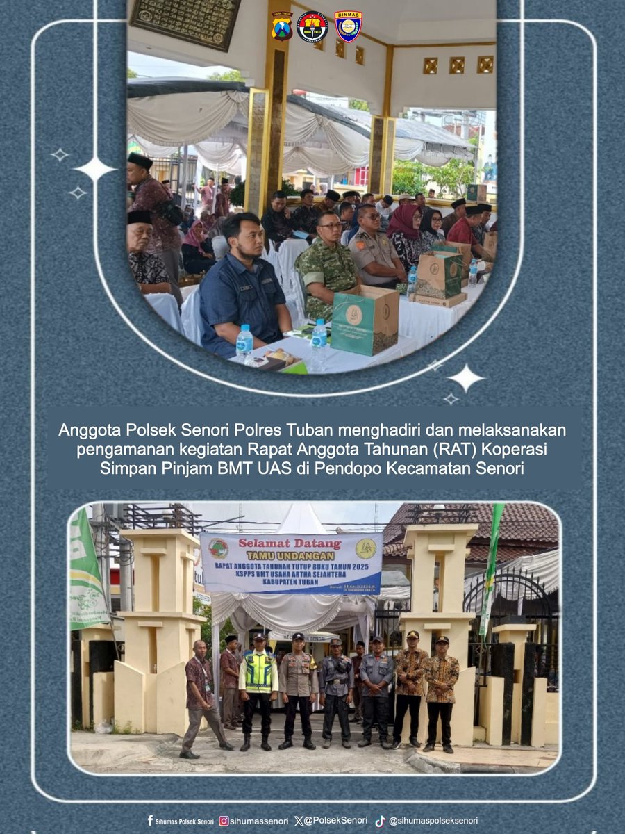 PolsekSenori's tweet image. Kapolsek Senori Polres Tuban Polda Jatim Menghadiri Rapat Anggota Tahunan (RAT) BMT Usaha Artha Sejahtera di Pendopo Kecamatan Senori

@DivHumas_Polri
@1polrestuban
@PolsekSenori
@bidhumas_jatim

#polisi #police #polisiviral #polisijatim #polri #polripresisi #polisiindonesia