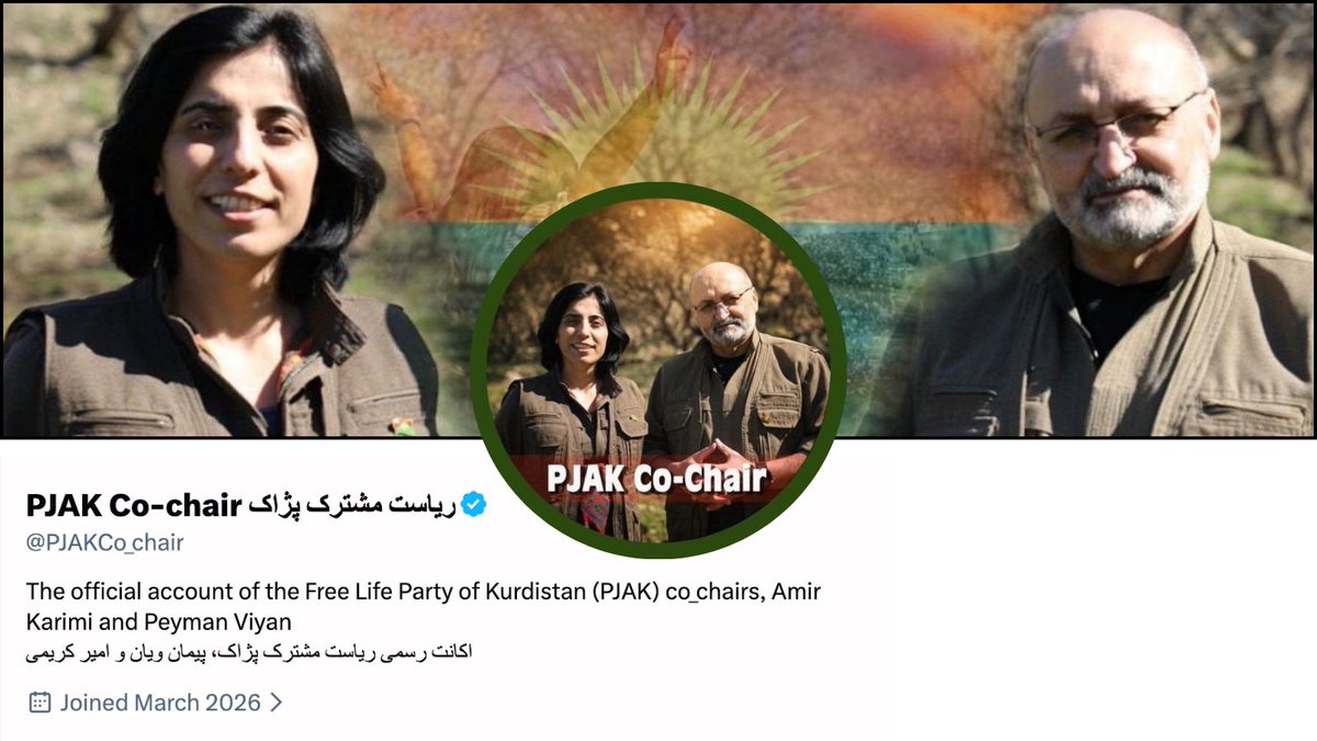 RojhelatInfo_En's tweet photo. Official PJAK Co-Chair Account Launched

The official account of the co-chairs of the Kurdistan Free Life Party (PJAK), @PJAKCo_chair, started its activity on social media. 

The account belongs to Peyman Viyan and Amir Karimi, the co-chairs of PJAK, and was created to share the party’s official positions, messages, and activities.

Co-Chairs of PJAK: @PJAKCo_chair
PJAK Media Center: @pjakmediacenter
PJAK Spokesperson: @RivarAbdanan