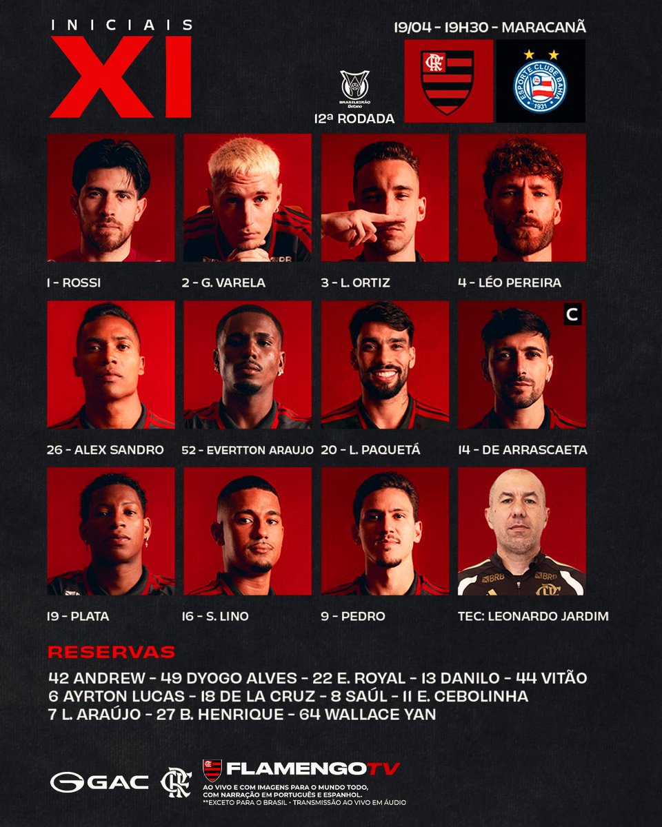 NOSSO TIME É A GENTE EM CAMPO! Confira a #escalação do Flamengo para enfrentar o Bahia, pelo Brasileirão! 

#FLAxBAH