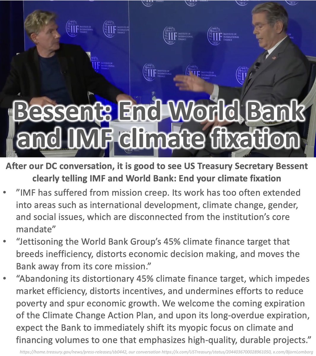 BjornLomborg's tweet image. US Treasury Secretary @SecScottBessent and I discussed how the World Bank and the IMF need to end their climate fixation

Now, Bessent told their boards to stop their climate fixation without mincing words

home.treasury.gov/news/press-rel…

our conversation x.com/USTreasury/sta…