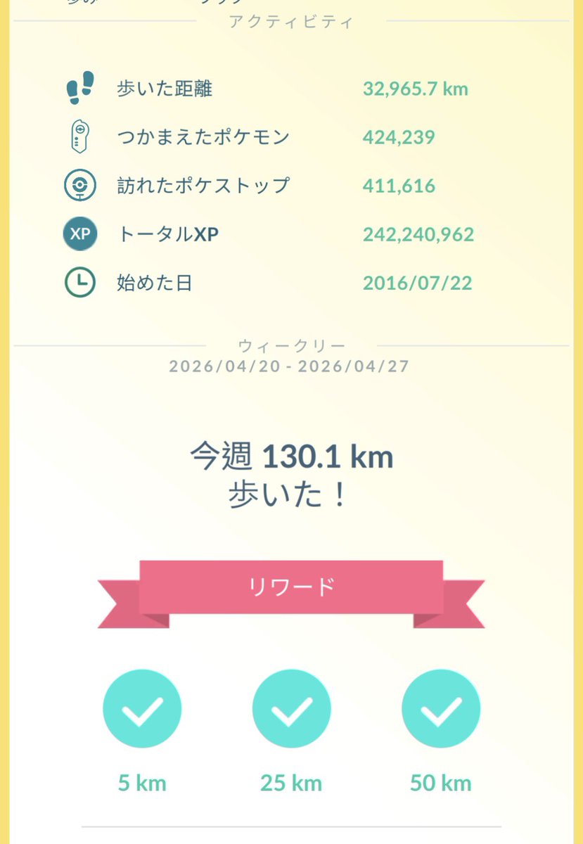 SHIO_shio_3215's tweet image. 2026/04/19 結果

ムーブ：952kcal
エクササイズ：176分
歩数：25,310歩（18.15km）
今週累計：130.1km
ポケモン＋580匹
HR322（±0）

まぁ、よし。

#AppleWatch
#ダイエット記録
#ポケモンGO
#モンハンNow