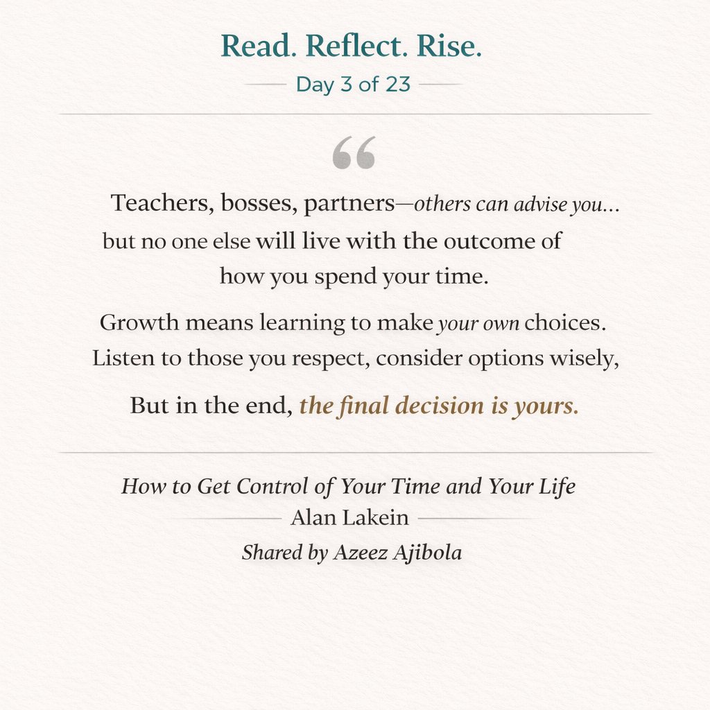 HasbalSolutions's tweet image. People will always have opinions about how you should live your life.

Sometimes, it makes sense to listen.
But you cannot let others make your decisions for you.

At the end of the day, you live with the results.

#ReadReflectRise #SelfGrowth #TimeManagement #Discipline