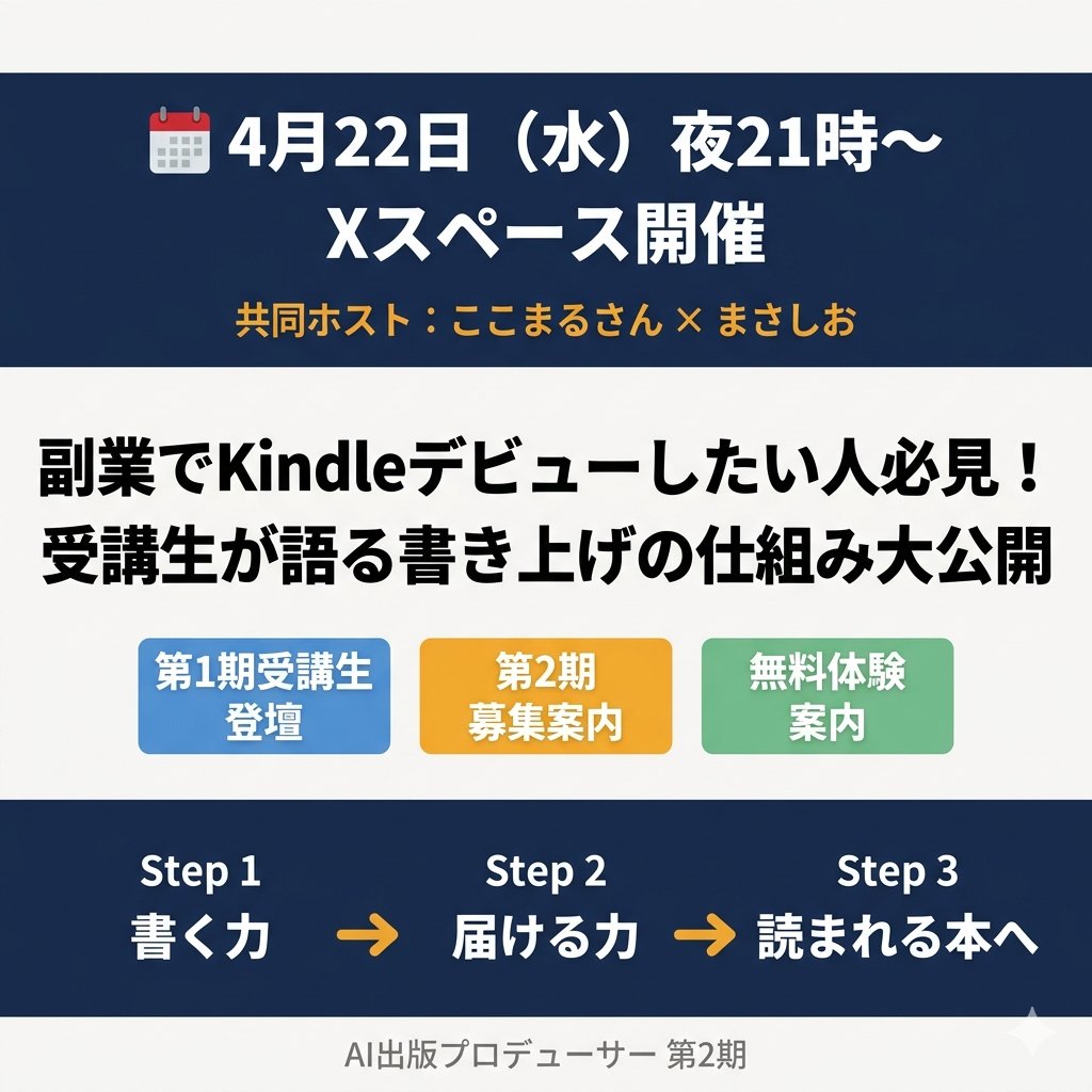 第2期「AI出版プロデューサー」は、大きく変わります。

第1期を終えて、受講生の方々との対話の中で見えてきたことがありました。「ここがもっとこうだったら」「この部分がわかりにくい」そういうリアルな声を、すべて反映しました。

機能は増えました。使いやすさも、別物になりました。