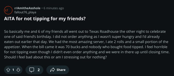 AmITheAssholeX's tweet image. AITA for not tipping for my friends?

 #aitah #amitheasshole #advice