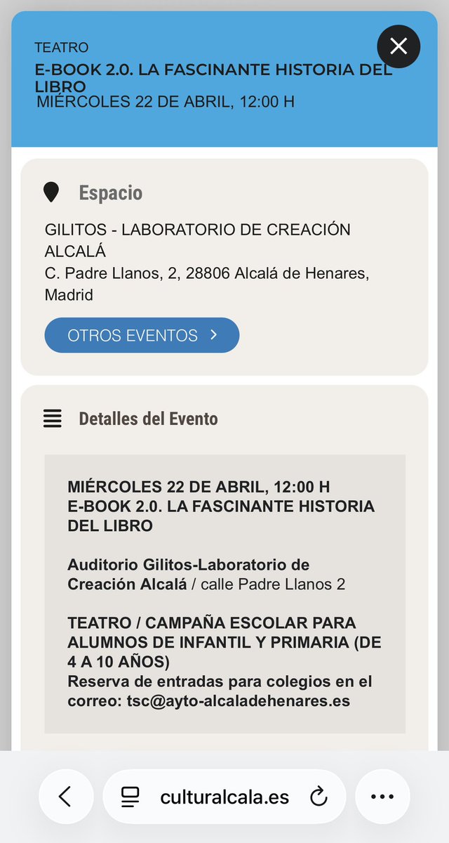 SpasmoTeatro's tweet photo. Miércoles 22 de abril a las 12:00
#eBook #AlcaláDeHenares #Madrid
#CampañaEscolar #Teatro https://t.co/z1SEh2FQMo