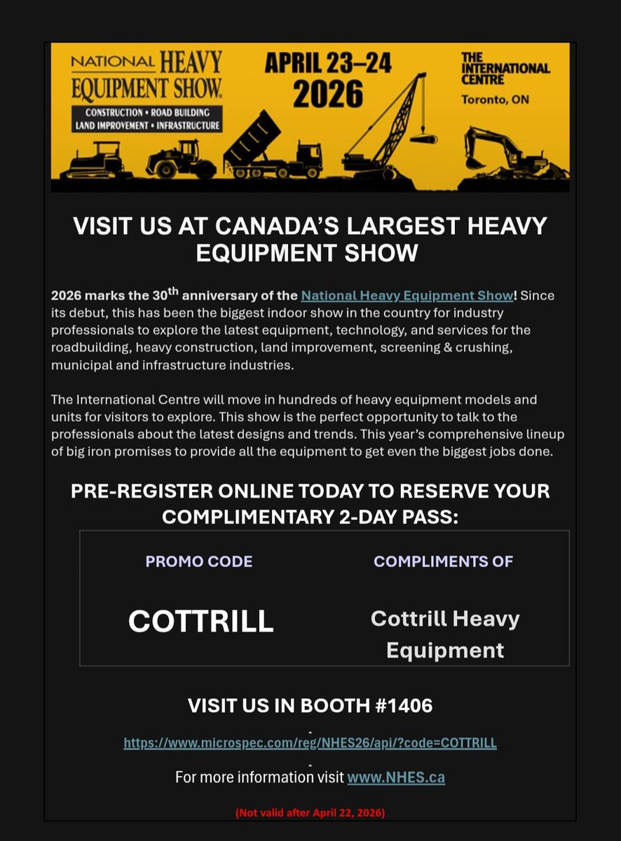 CottrillHE's tweet photo. Come visit the Cottrill Heavy Equipment sales team at the National Heavy Equipment show, taking place on April  23 &amp; 24 at the International Center  in Toronto.
Click on the link below and use promo code COTTRILL for your free pass.
https://t.co/Uvna2Qjtvc https://t.co/52WGcCOiKg