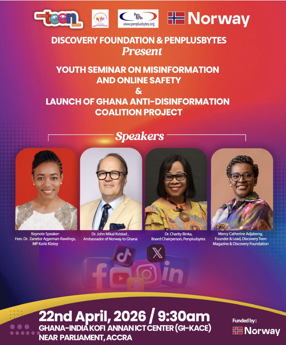 CAdjabeng's tweet image. Main Speakers Revealed 🎤  
Our Youth Seminar on Misinformation &amp;amp; #OnlineSafety  

Our speakers will cover:  
→ Who creates fake news  
→ Why youth get targeted  
→ How to fight back with facts  
w/ @penplusbytes + funded by @NorwayInAccra 
@teensdiscoveryf