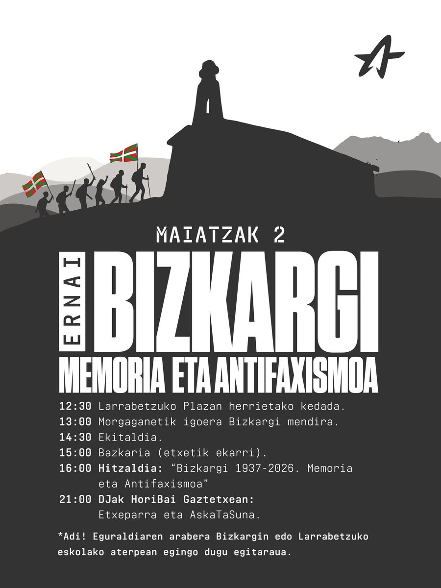 🚩𝐌𝟐 | 𝐁𝐈𝐙𝐊𝐀𝐑𝐆𝐈

Aurten ere Bizkargi Egunaren bezperan, maiatzaren 2an, Larrabetzuko, Busturialdeko, Zornotzako zein inguruetako gazteok Bizkargira igoko gara: hitzaldia, ekitaldia, DJak…

Memoria antifaxista dugulako, gazteok Bizkargira! ✊🏼🔥