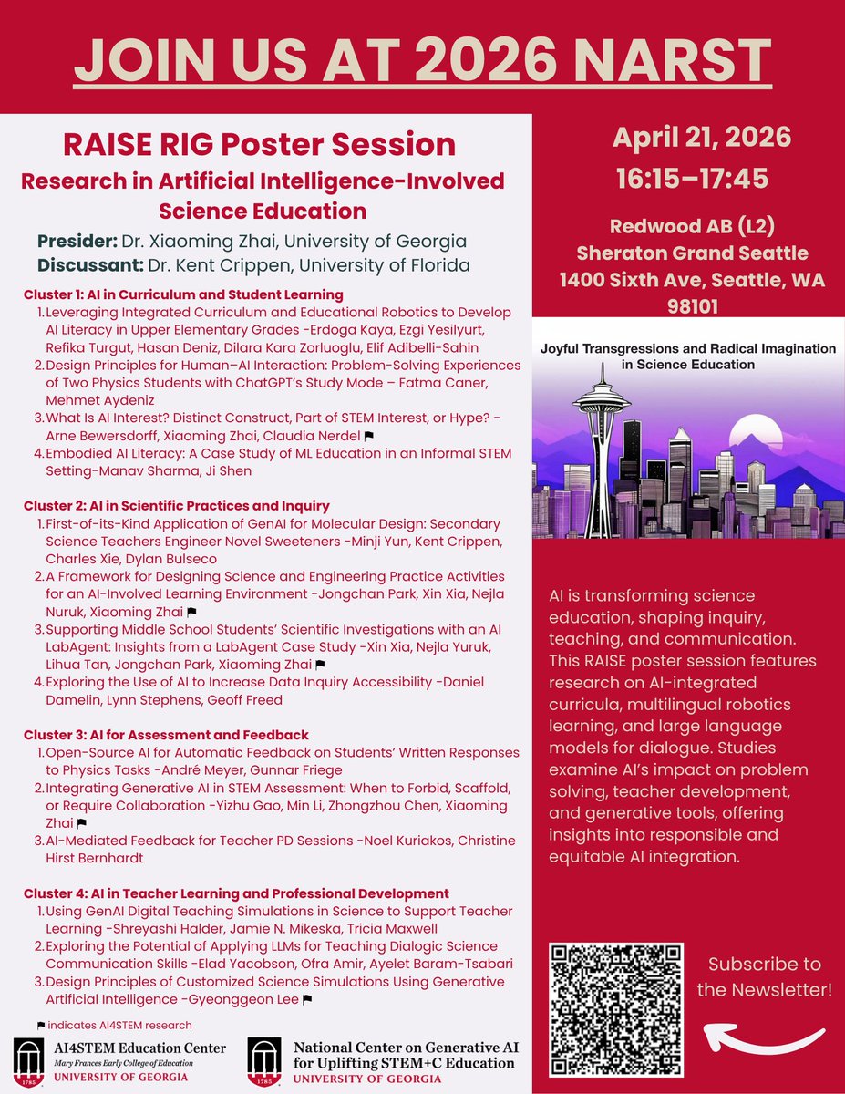 ai4stem's tweet photo. 🚨 Join us at #NARST2026 in Seattle!
📚 AI-focused Book Talks + 🧠 Poster Session on AI in STEM Education
🗓 April 20–21, 2026
📍 Sheraton Grand Seattle
Explore AI in assessment, adaptive learning, ethics &amp; more.
#AIinEducation 
@xiaoming_zhai @NARSTorg https://t.co/HiwtXiLWFL